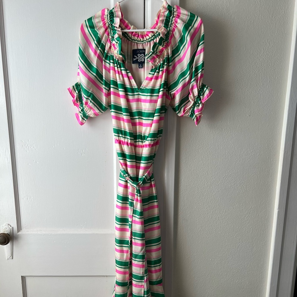 Women J Crew Silky Stripe Dress Tie Waist Midi size 0